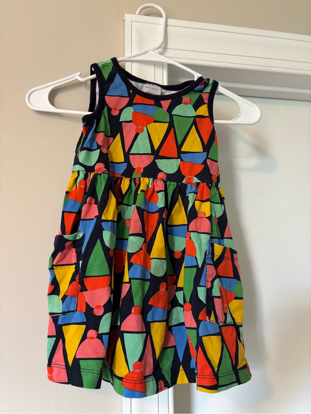 Hanna Andersson Navy Dress with Bright Multicolor Geometric Print